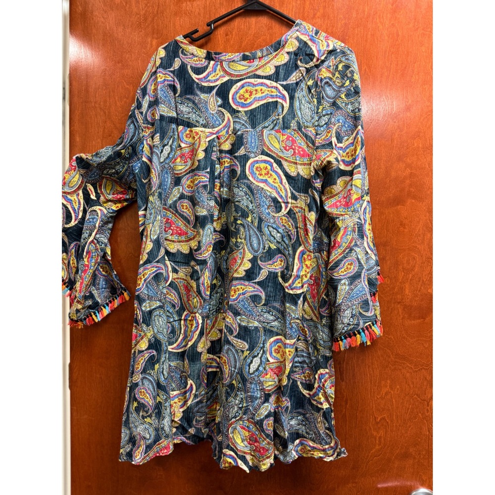JODIFL Paisley Print Bell Sleeve Tunic Drss with Colorful Tassels